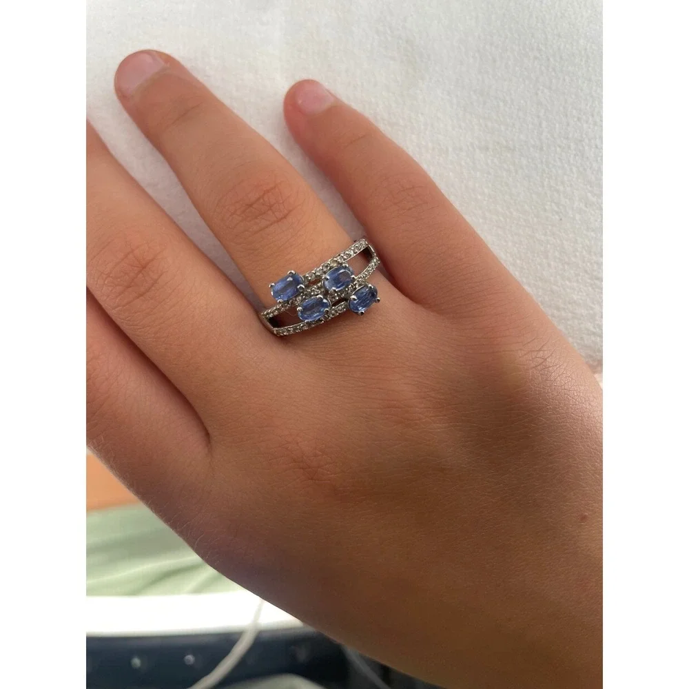 Sterling Silver 925 Multi Row Oval Blue Topaz Pavé Accent Ring Size 8.5